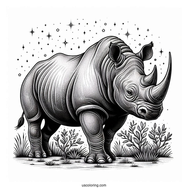 Detailed Black Rhino With Pointy Horns To Color