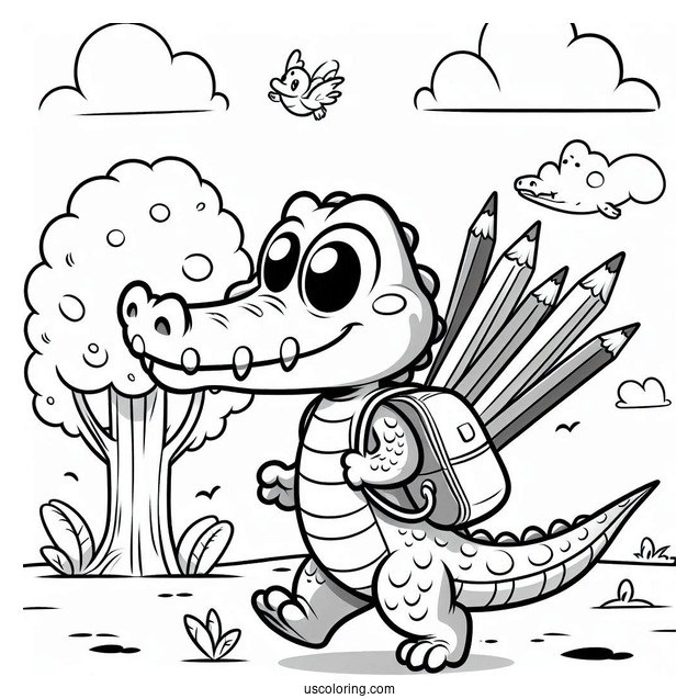 Crocodile Cartoon Character Going To School