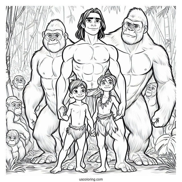 Young Tarzan Coloring Page Surrounded By Gorilla Family
