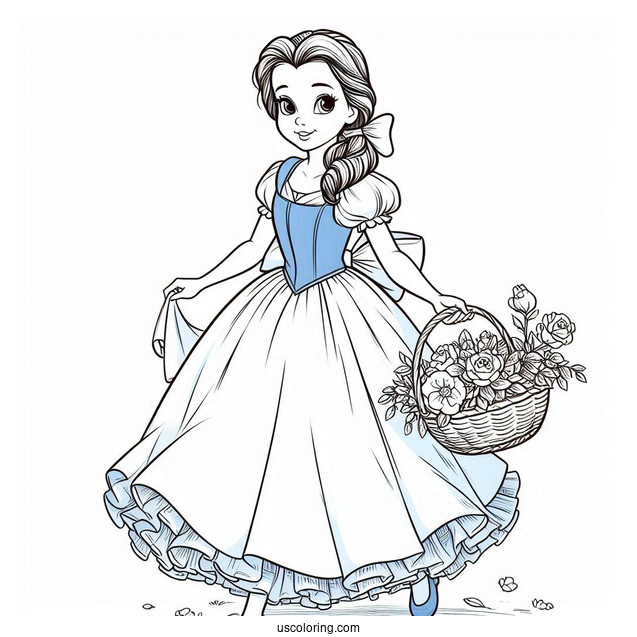 Belle Wearing Blue Dress Walking With Basket