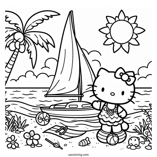 Pretty Hello Kitty At The Beach With A Sailboat Behind Her