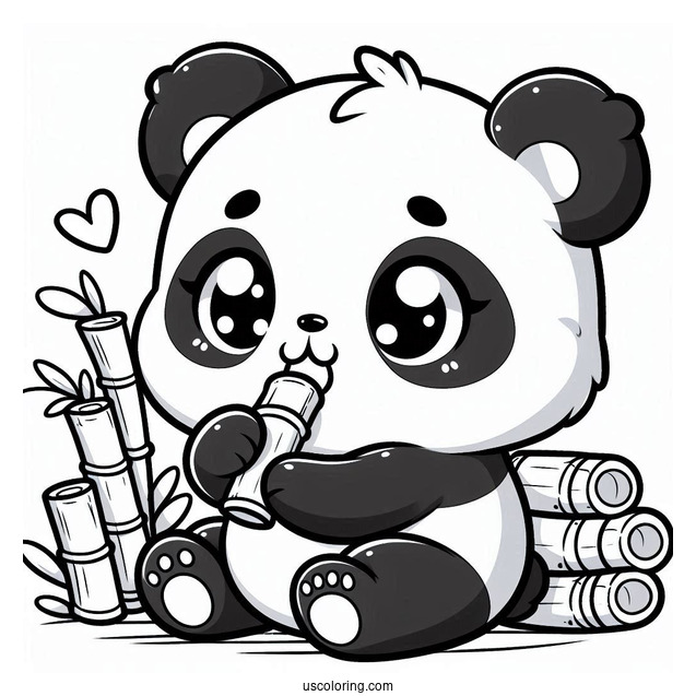 Hungry Chibi Coloring Page Panda Eating Bamboo For Preschoolers