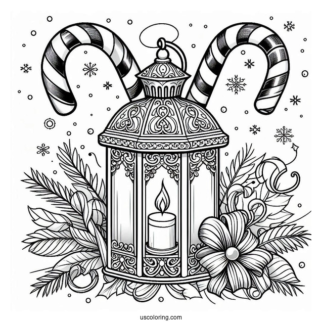 Christmas Coloring Pages For Adults Of Christmas Lantern With Candy Canes In Background