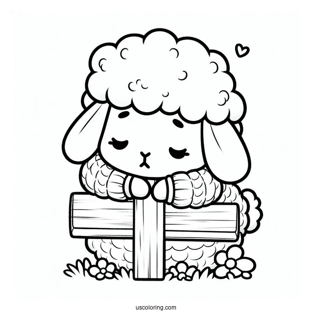 Kawaii Sheep In Sweater Leaning Over A Small Cross Coloring Page For Kids