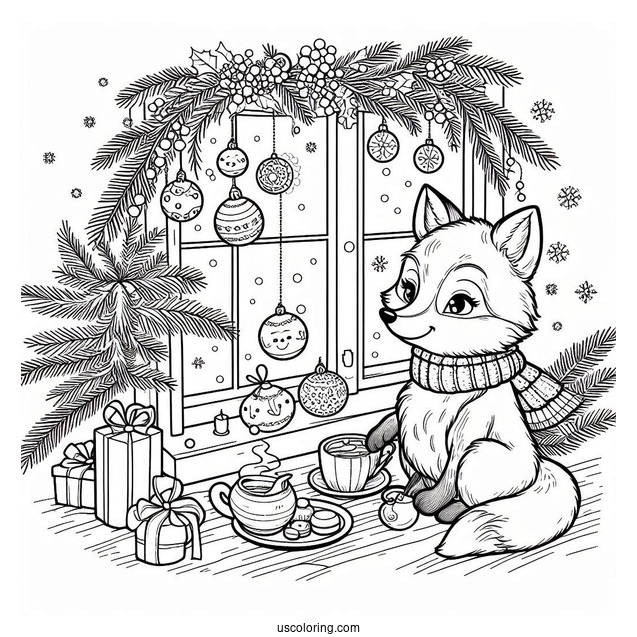 Christmas Coloring Pages For Adults Of Adorable Fox Drinking Tea By The Window