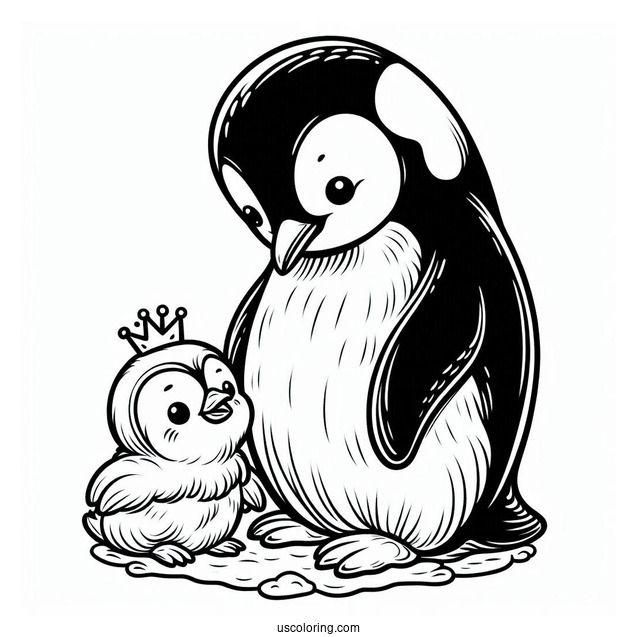 Emperor Penguin With Baby Chick Coloring In