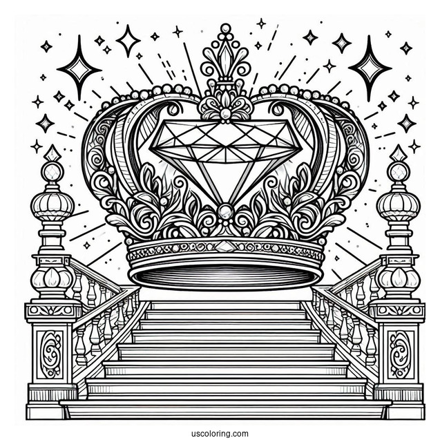 Royal Crown Coloring Page With Large Diamond Displayed on a Grand Staircase
