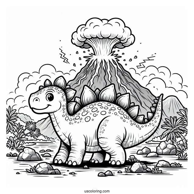 Stegosaurus Coloring Page In Front Of Erupting Volcano