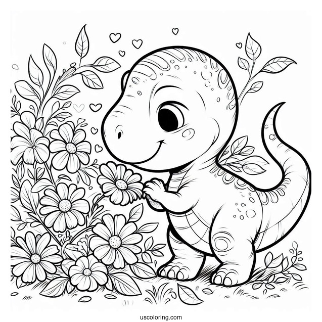 Baby T-Rex Smelling Flowers Coloring Sheet