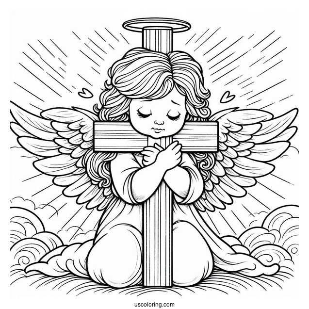 Adorable Angel Hugging A Cross In The Sky Coloring Sheet For Kids