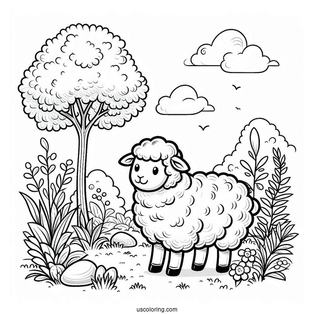 Sheep Standing In A Field Coloring Page