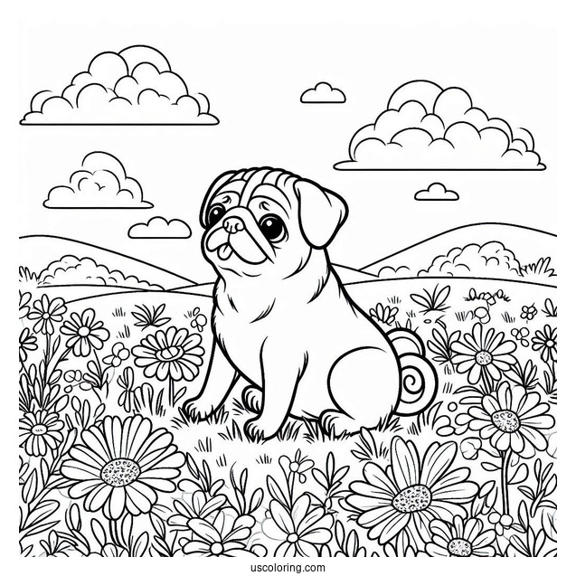 Coloring Sheet Of a Pug In Field Of Flowers