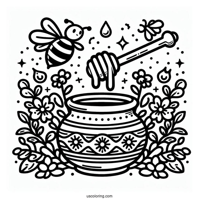 Pot Of Honey From Bee Coloring Page