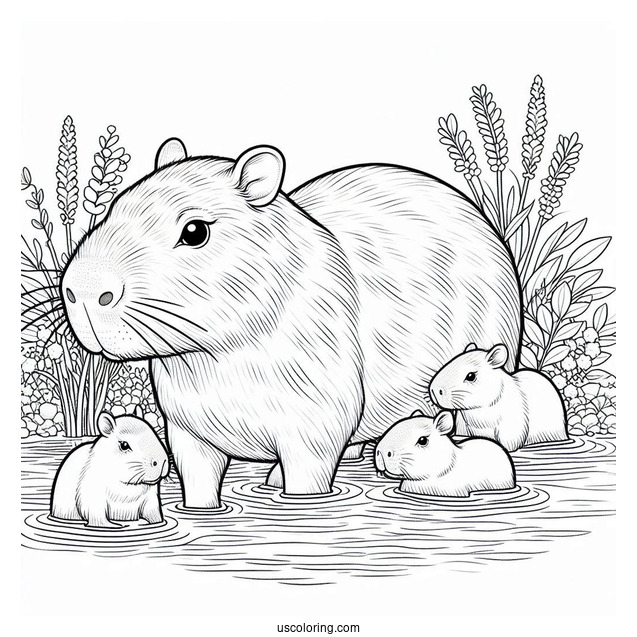 Mama Capybara Coloring Page With Babies In The Water
