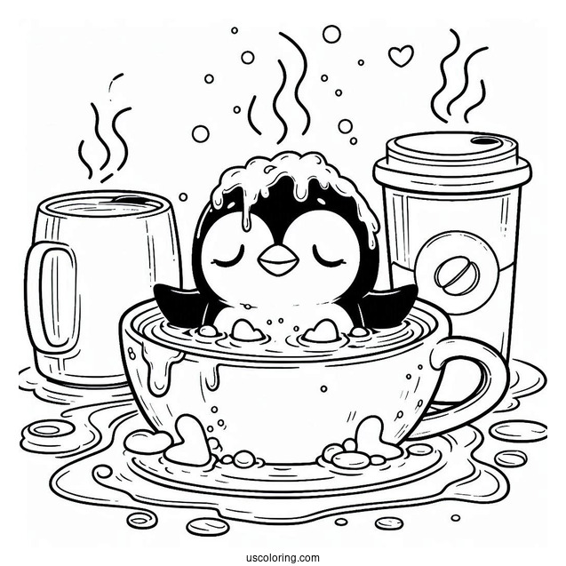 Penguin Bathing In Hot Coffee Coloring Page