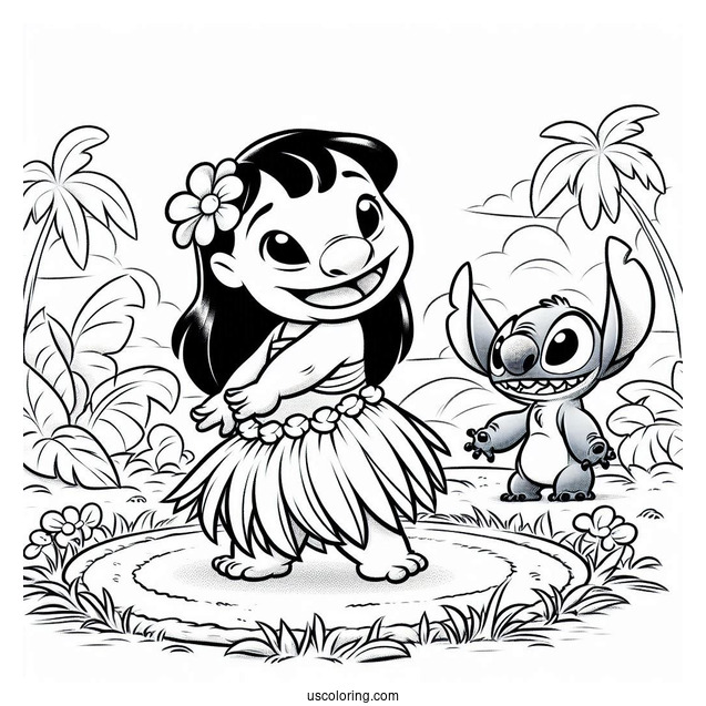 Coloring Page Of Lilo Doing Hula In Grass Skirt