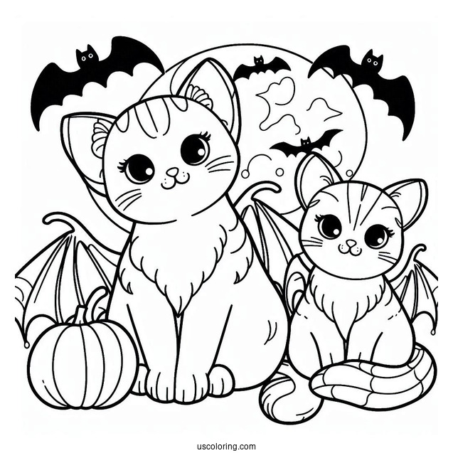Cats With Bats Halloween Coloring Pages
