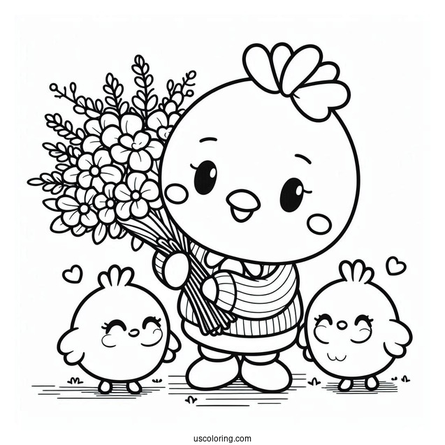 Easy Pochacco Coloring Page Holding Flower Bouquet With Choppy And Chicks