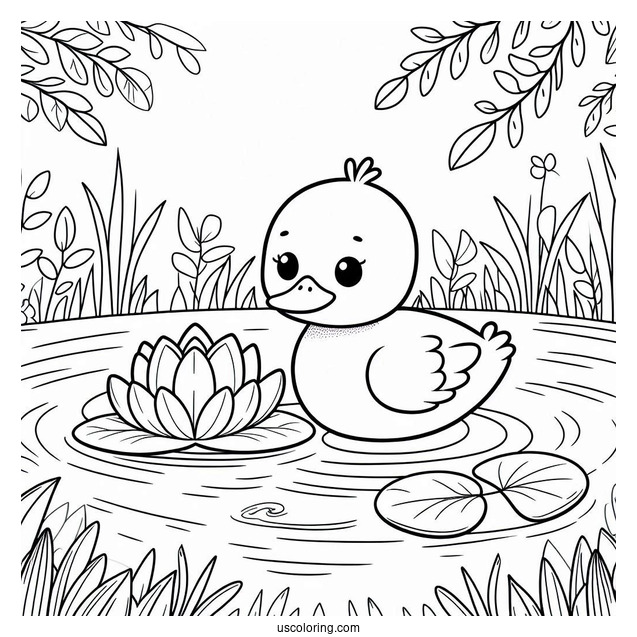 Peaceful Duck on Lily Pad in Pond Coloring Sheet For Preschoolers