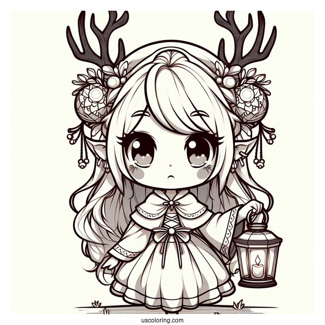 Chibi Girl With Large Antlers Holding A Lamp