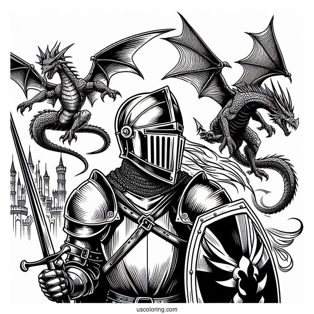 Crusader Knight With Dragons In Background