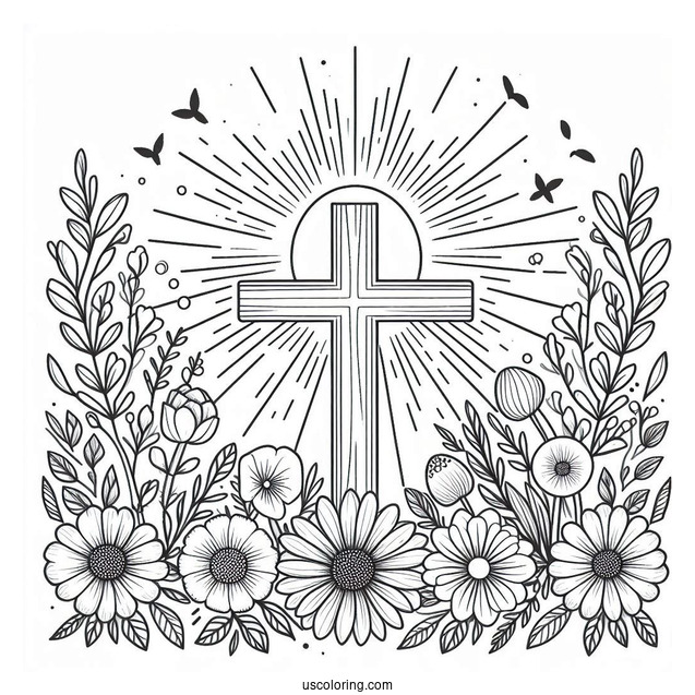 Easter Coloring Page Of Cross With Flowers And Sun On Easter For Kids