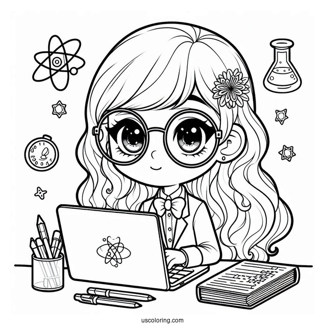 Nerdy Girl Studying Science Coloring Page On Her Laptop For Kids