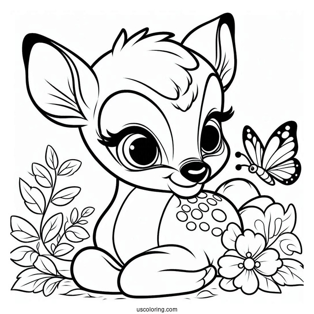 Coloring Page Of Bambi With Butterfly On Nose