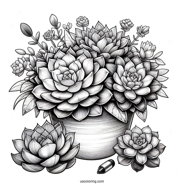 Realistic Succulent Coloring Page In A Flower Pot