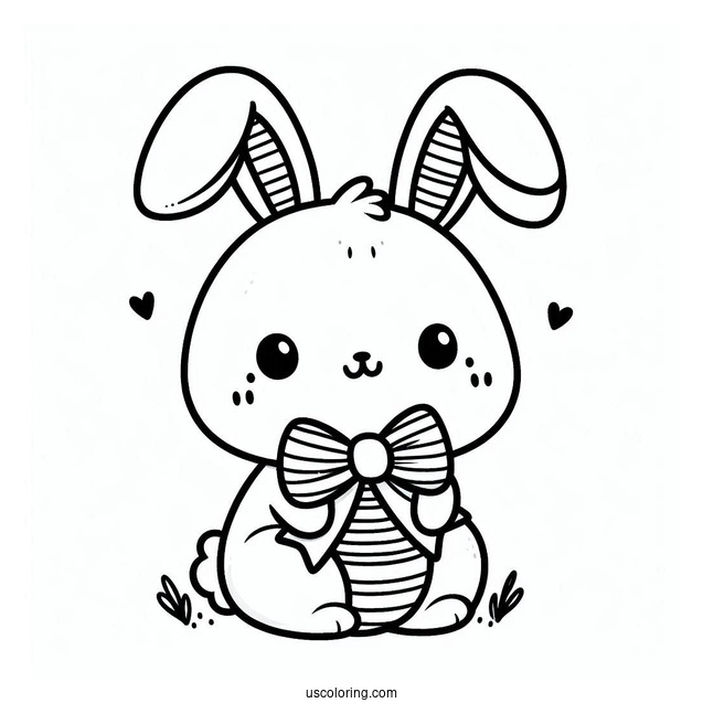 Easter Coloring Page Of Easy Kawaii Easter Bunny With Bow For Preschoolers