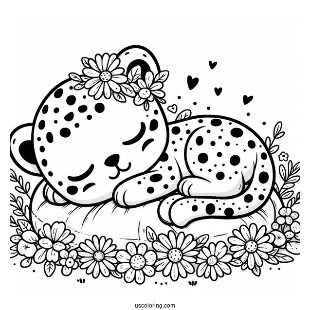 Kawaii Cheetah Coloring Page Sleeping On Its Back With Flowers