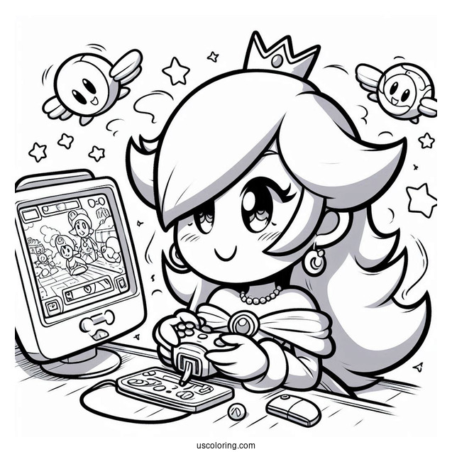 Rosalina Coloring Page Playing Video Game With Luma Watching