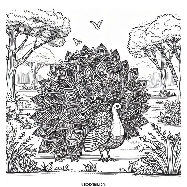 Peacock Coloring Page with Fully Fanned Tail in Forest Clearing For Adults