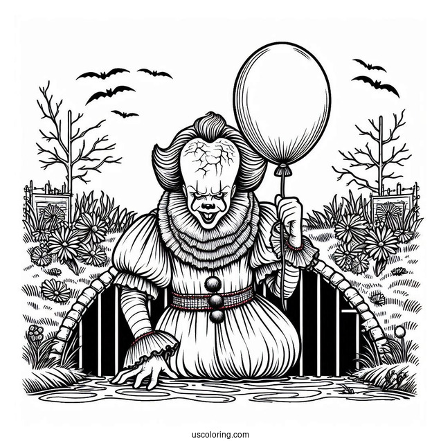 Terrifying Pennywise Coloring Page Holding A Balloon In Front Of A Sewer