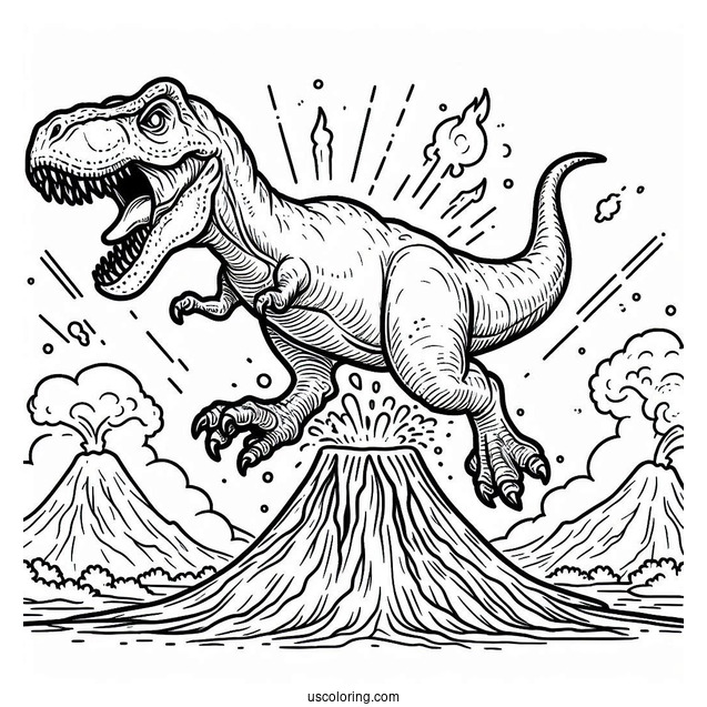 T-Rex Dinosaur Running From Volcano