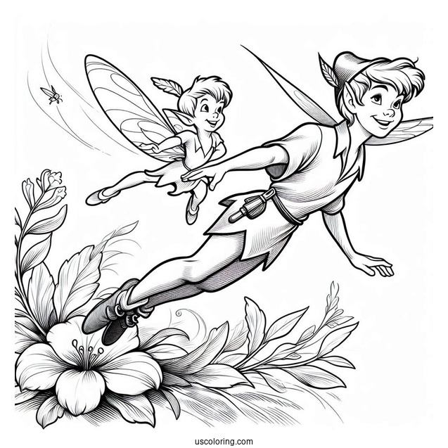 Coloring Sheet Of Peter Pan Flying With Tinker Bell