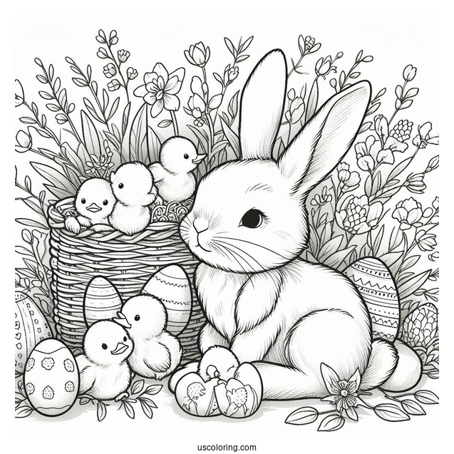 Peter Rabbit Coloring Page Surrounded By Ducklings And Easter Eggs