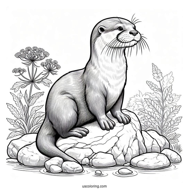 Realistic Otter Coloring Page Sitting On Rock