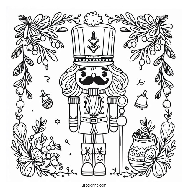 Easy Nutcracker Coloring Page With Mistletoe Frame For Kids