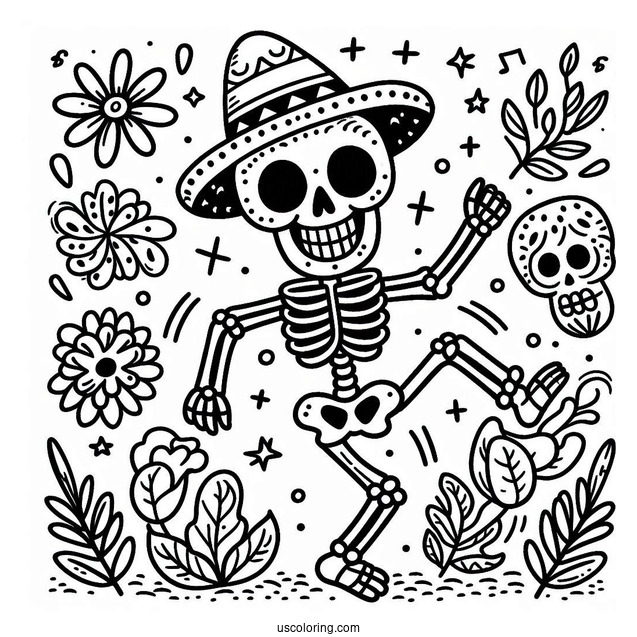 Happy Skeleton Coloring Page Dancing For Kids