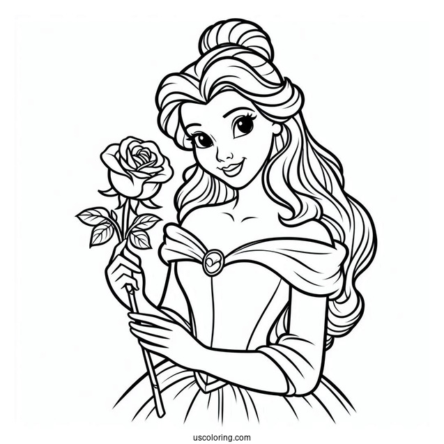 Simple Outline Of Princess Belle Holding a Rose