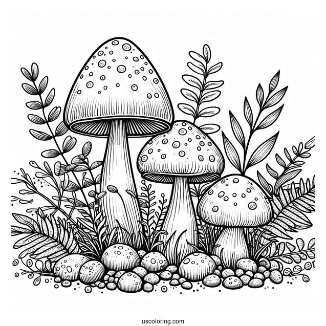 Three Realistic Mushroom Coloring Page Surrounded By Larger Plants