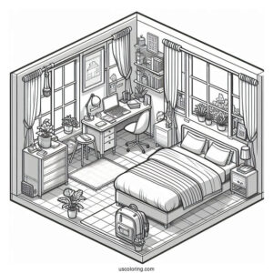 Small Isometric Bedroom Coloring Page With Study Desk And Balcony
