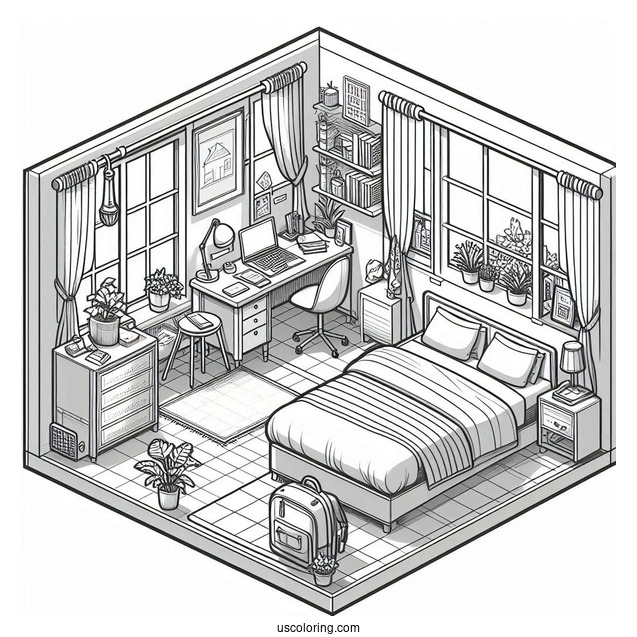 Small Isometric Bedroom Coloring Page With Study Desk And Balcony