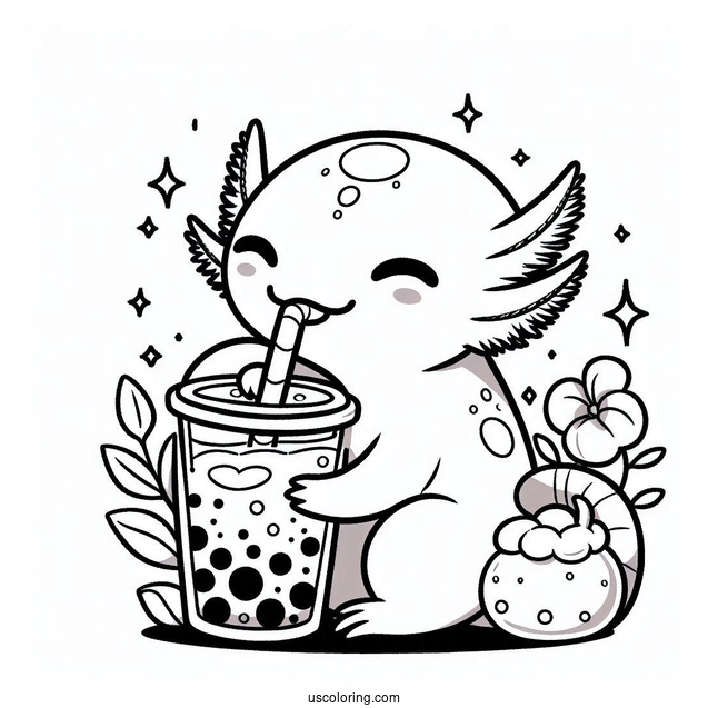 Axolotl Coloring Page Drinking Boba Tea For Kids