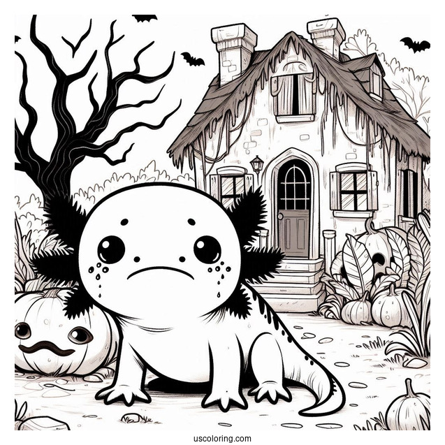 Sad Axolotl Coloring Page Outside A Haunted House