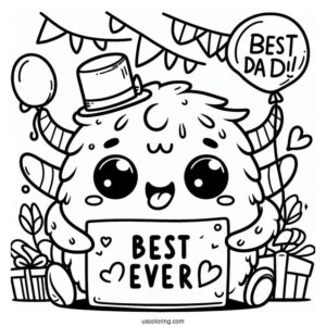 Father's Day Coloring Page Of Kawaii Monster With Best Dad Ever Sign For Kids