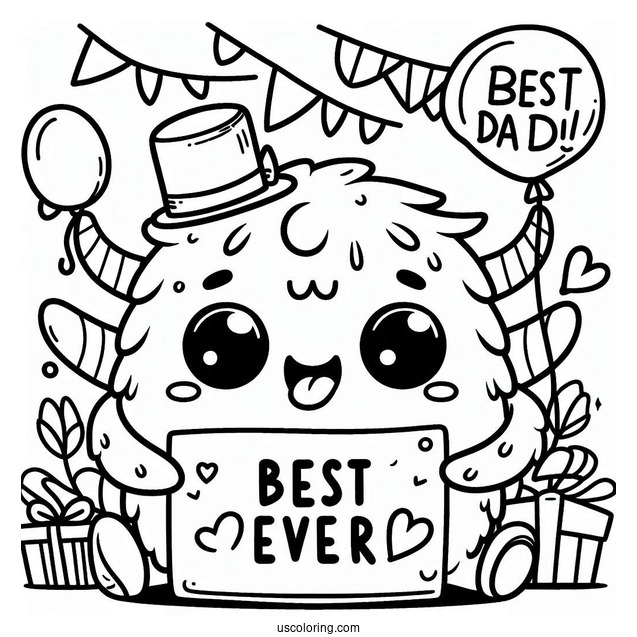 Father's Day Coloring Page Of Kawaii Monster With Best Dad Ever Sign For Kids