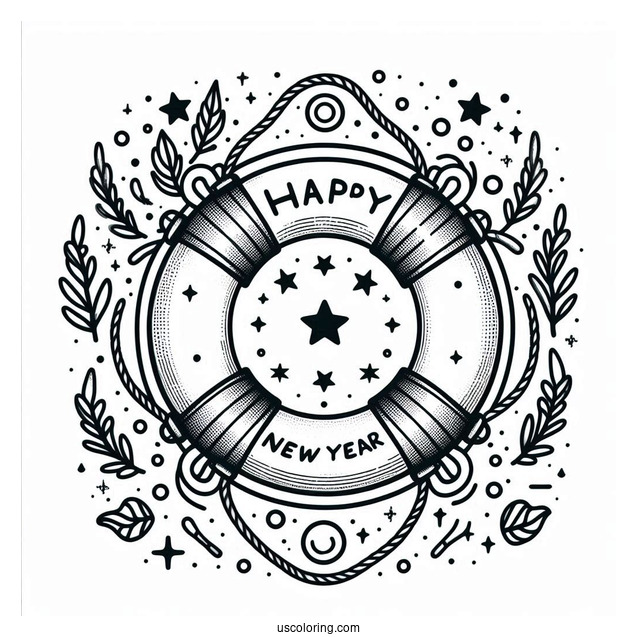 Life Buoy Ring With Happy New Year Coloring Page Of Words And Stars