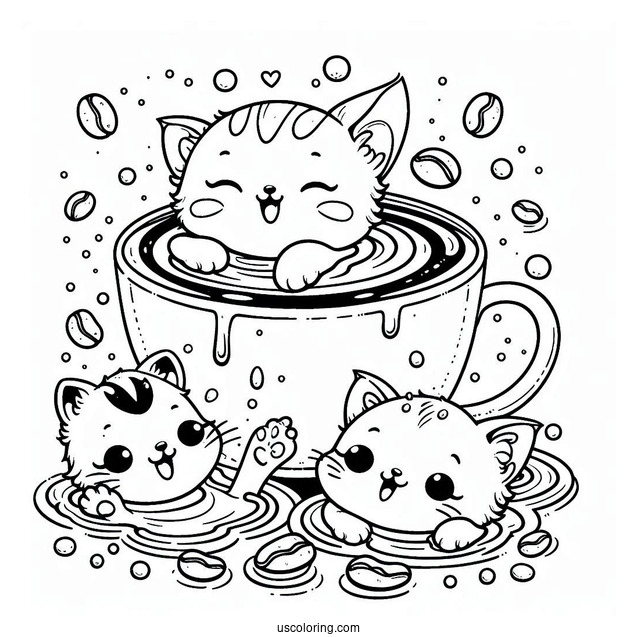 Coffee Coloring Pages Of Cute Kittens Swimming In Coffee Cup